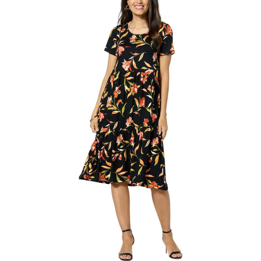 Comfort Code Printed Jersey Knit Tiered-Hem T-shirt Dress Black Floral - Regular